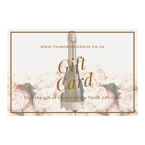 A gift card for ThinK Wine with decorative flowers and a bottle of ThinK prosecco