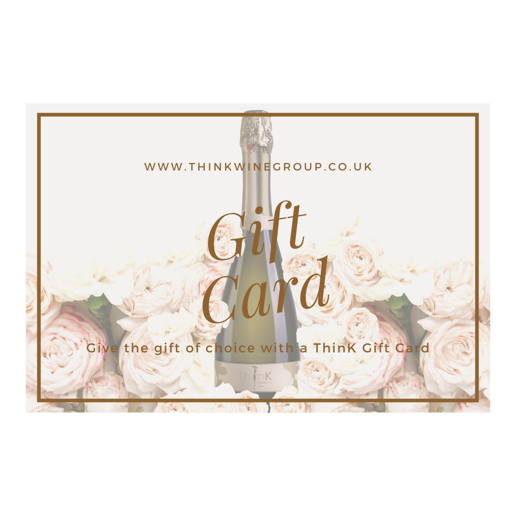 A gift card for ThinK Wine with decorative flowers and a bottle of ThinK prosecco